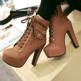 Round Toe Lace Up Ankle Buckle High Heel Boots