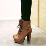 Round Toe Lace Up Ankle Buckle High Heel Boots