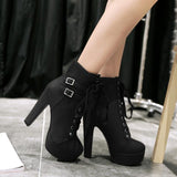 Round Toe Lace Up Ankle Buckle High Heel Boots