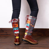 Retro Bohemian Splicing Pattern Leather Rainbow Knee Boots
