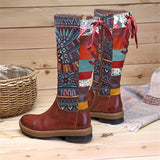 Retro Bohemian Splicing Pattern Leather Rainbow Knee Boots
