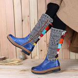 Retro Bohemian Splicing Pattern Leather Rainbow Knee Boots