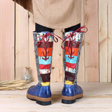 Retro Bohemian Splicing Pattern Leather Rainbow Knee Boots