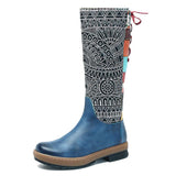Retro Bohemian Splicing Pattern Leather Rainbow Knee Boots
