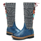 Retro Bohemian Splicing Pattern Leather Rainbow Knee Boots