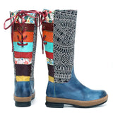 Retro Bohemian Splicing Pattern Leather Rainbow Knee Boots
