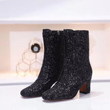 Sequined Zipper Chunky Heel Ankle Boots