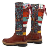 Retro Bohemian Splicing Pattern Leather Rainbow Knee Boots