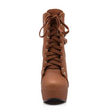 Round Toe Lace Up Ankle Buckle High Heel Boots