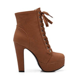 Round Toe Lace Up Ankle Buckle High Heel Boots