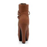 Round Toe Lace Up Ankle Buckle High Heel Boots