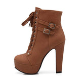 Round Toe Lace Up Ankle Buckle High Heel Boots