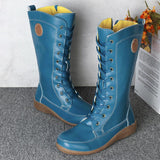 Retro Solid Color Side Zipper Round Toe High Knee Boots
