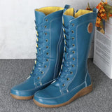 Retro Solid Color Side Zipper Round Toe High Knee Boots