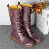Retro Solid Color Side Zipper Round Toe High Knee Boots
