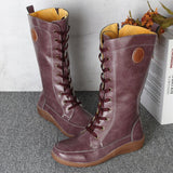 Retro Solid Color Side Zipper Round Toe High Knee Boots