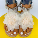 Mesh Floral Embellished Beaded Flat Sandals
