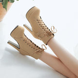 Round Toe Lace Up Ankle Buckle High Heel Boots