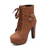 Round Toe Lace Up Ankle Buckle High Heel Boots