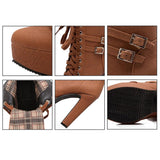Round Toe Lace Up Ankle Buckle High Heel Boots