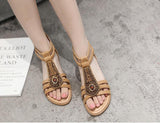 Women's Bohemian Retro Beaded Zipper Rhinestone Roman Flat Sandals