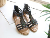 Women's Bohemian Retro Beaded Zipper Rhinestone Roman Flat Sandals