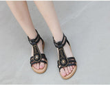 Women's Bohemian Retro Beaded Zipper Rhinestone Roman Flat Sandals