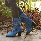 Women's Denim Fabric Mid-Calf High Heel Boots