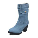 Women's Denim Fabric Mid-Calf High Heel Boots
