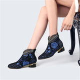 Women's Comfy Soft Leather Embroidered Flowers Rhinestone Boots