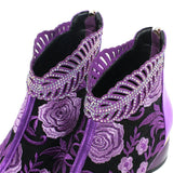 Women's Comfy Soft Leather Embroidered Flowers Rhinestone Boots