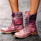Women's Round Toe Lace-Up Leather Martin Boots
