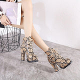 Snake Printed Lace-up Chunky High Heel Ankle Boots