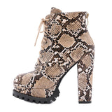 Snake Printed Lace-up Chunky High Heel Ankle Boots