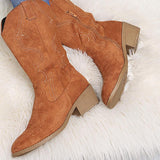 Embroidery Suede High Tube Low Heel Boots