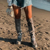 Women‘s Boho Fringe Flat Heel Long Boots Buckle Strap Knee-High Tassel Boots