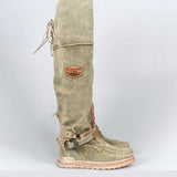 Women‘s Boho Fringe Flat Heel Long Boots Buckle Strap Knee-High Tassel Boots