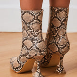 Snake Printed Side Zipper Wine Glasses Heel Ankle Boots