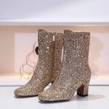Sequined Zipper Chunky Heel Ankle Boots