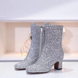 Sequined Zipper Chunky Heel Ankle Boots