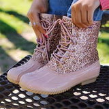 Women's Bling Rain Boots Round Toe Lace Up Boots