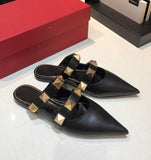 Pointed Rivet Sheepskin Flat Slippers Women's