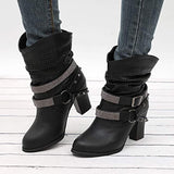Rhinestone Rivet Belt Buckle Chunky Heel Women Boots