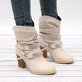 Rhinestone Rivet Belt Buckle Chunky Heel Women Boots