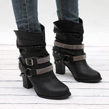Rhinestone Rivet Belt Buckle Chunky Heel Women Boots