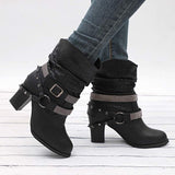 Rhinestone Rivet Belt Buckle Chunky Heel Women Boots
