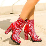 Women's Trendy Bandana Pattern Pointed Toe Slip On Mid Heel Boots