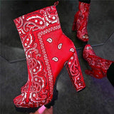 Women's Trendy Bandana Pattern Pointed Toe Slip On Mid Heel Boots