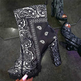 Women's Trendy Bandana Pattern Pointed Toe Slip On Mid Heel Boots