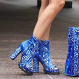 Women's Trendy Bandana Pattern Pointed Toe Slip On Mid Heel Boots
